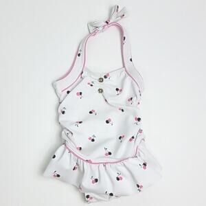 Janie and Jack Ruffle Skirt Cherry Print White Pink One Piece Swimsuit‎ 6-12M